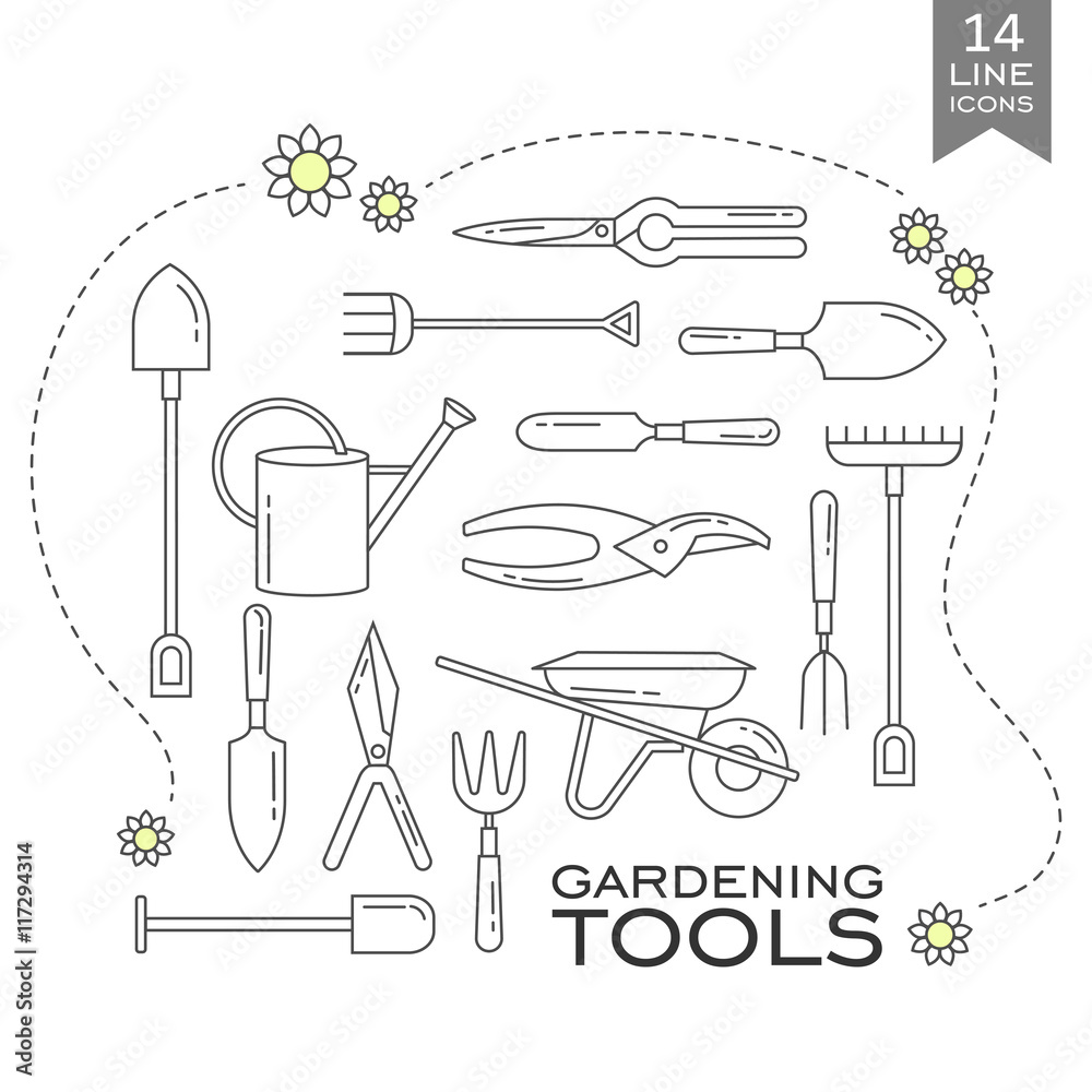 Fototapeta premium Set of line icons - gardening tools. Web site design. Logo icons. Spring season gardening