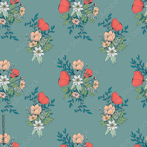 Seamless pattern design with hand drawn flowers and floral elements