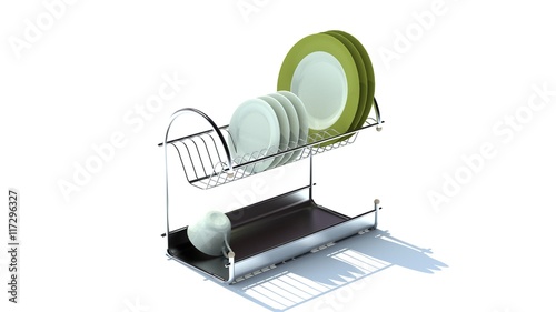 Canvas Print Plates, dishes drying on a dish drying rack isolated on white