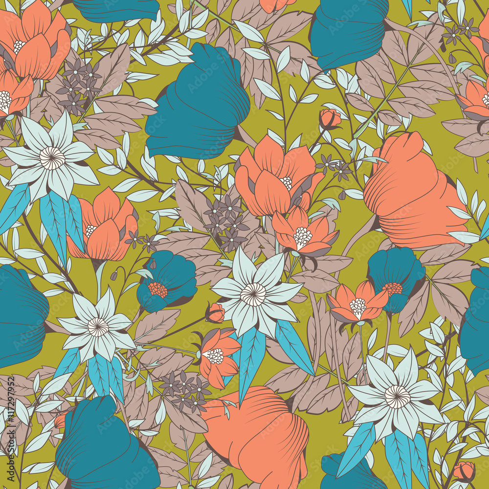 Seamless pattern design with hand drawn flowers and floral elements Seamless pattern design with hand drawn flowers and floral elements