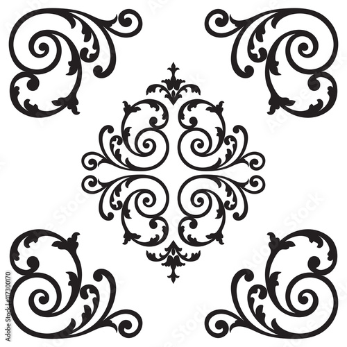 Page decoration. Decorative floral elements, corners, borders, frame, crown. Vector.