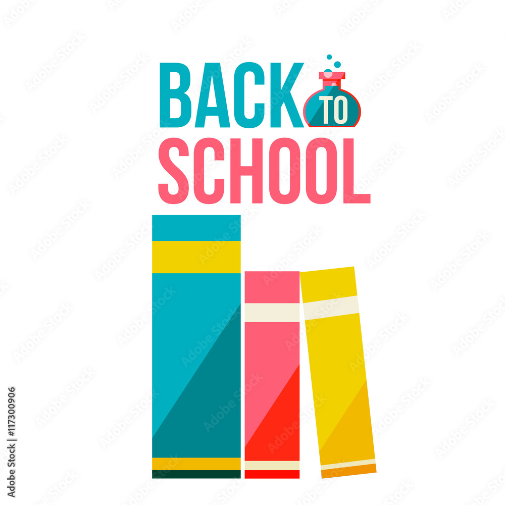 Back to school poster with row of books, flat style vector illustration isolated on white background. Start of school season concept, poster design with bookshelf as a symbol of educational process Back to school poster with row of books, flat style vector illustration isolated on white background. Start of school season concept, poster design with bookshelf as a symbol of educational process