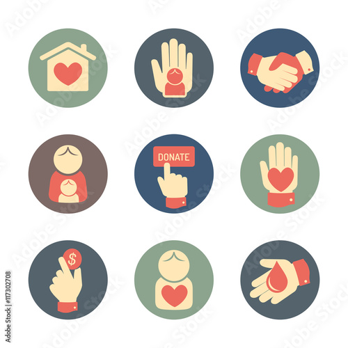 Charity and donation icons flat style set