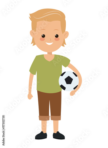 flat design boy holding soccer ball icon vector illustration