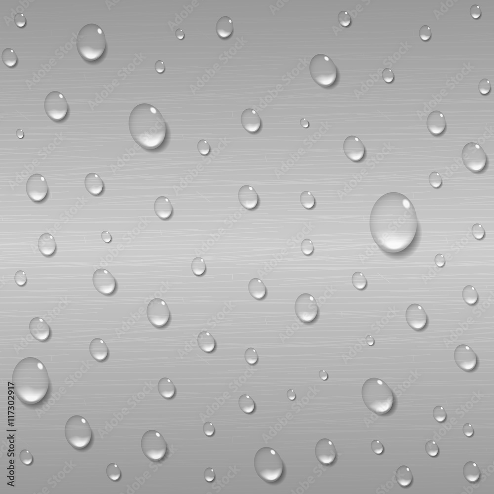 Water drops on a brushed metal background. Rain condensation on a bright steel, iron, aluminum surface template. Liquid droplets. Light clean dew, rainy day, abstract techno vector illustration. Water drops on a brushed metal background. Rain condensation on a bright steel, iron, aluminum surface template. Liquid droplets. Light clean dew, rainy day, abstract techno vector illustration.