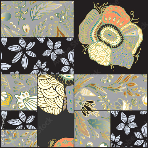 abstract seamless patcwork tile with floral ornament.arabic or o