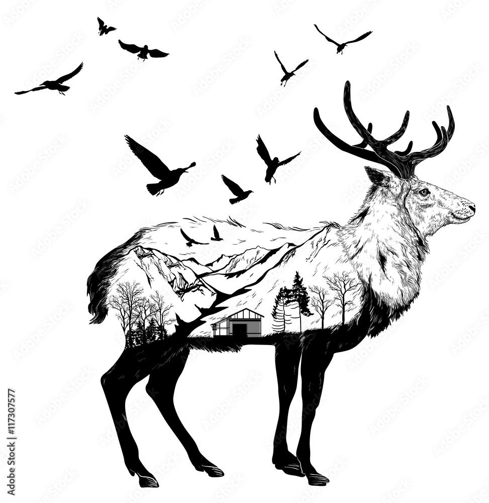 Obraz premium Hand drawn Deer for your design, wildlife concept