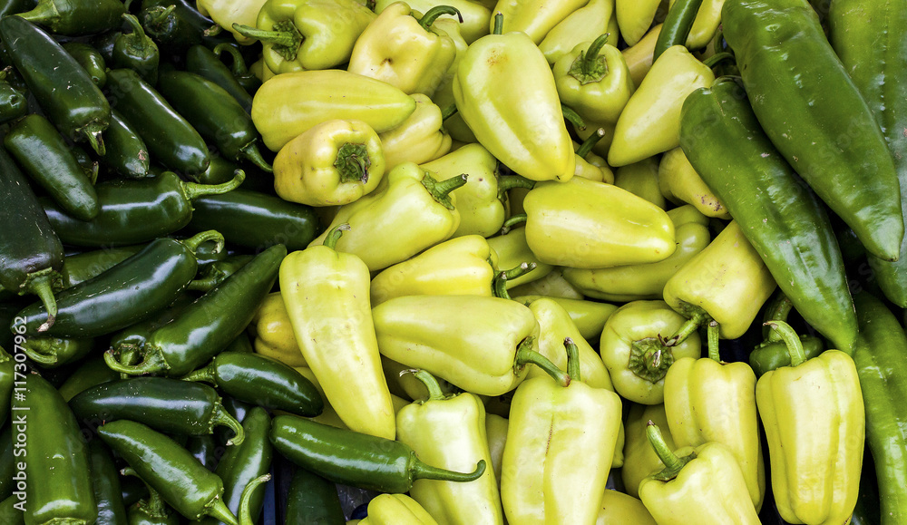 Fresh green peppers and chilies at an outdoor market in Seattle. Fresh green peppers and chilies at an outdoor market in Seattle.