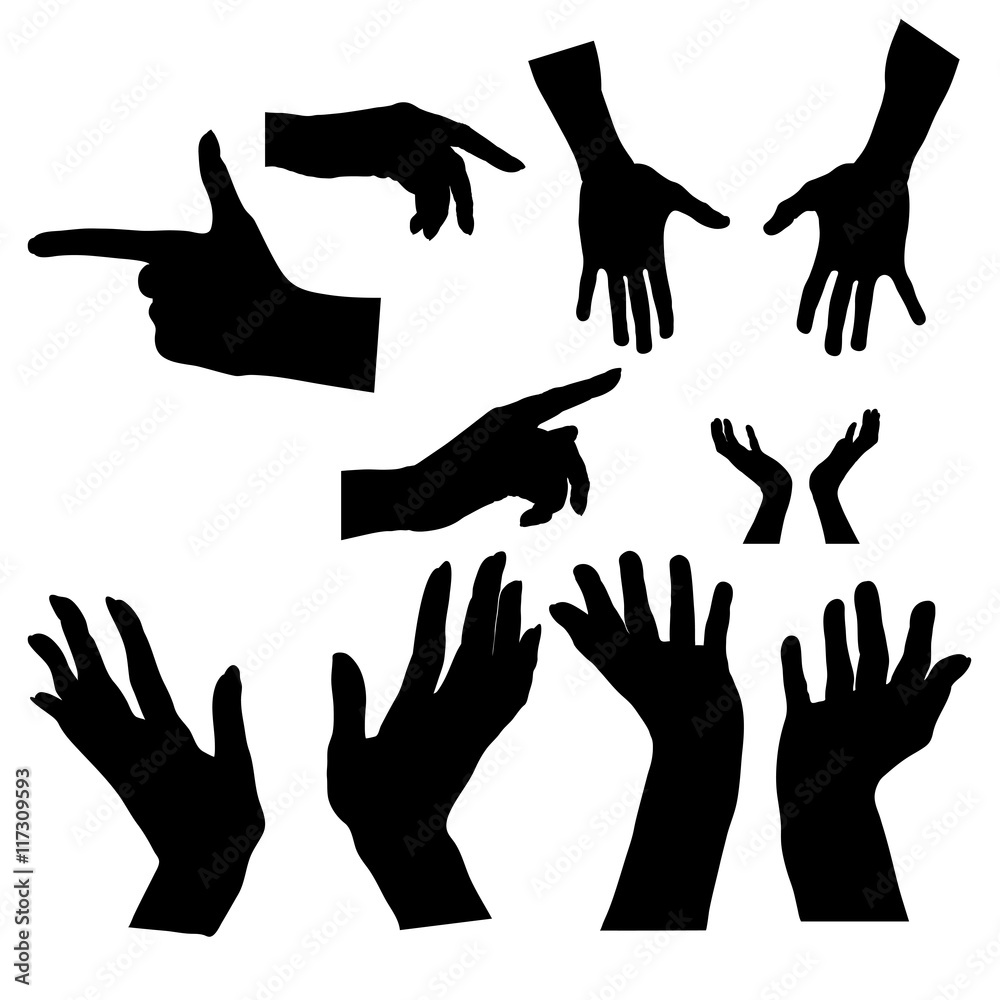 Hands silhouette. Upper limb man. Left, right. Index finger. Different versions of the shadows . Icons set . Hands silhouette. Upper limb man. Left, right. Index finger. Different versions of the shadows . Icons set .