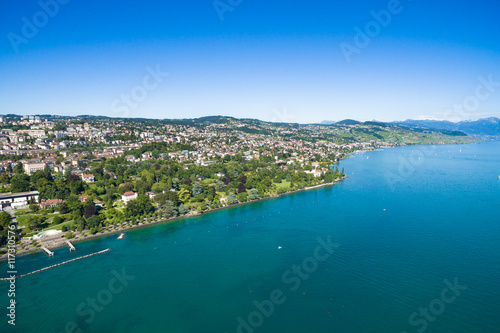 Fototapeta Naklejka Na Ścianę i Meble -  Aerial view of Ouchy waterfront in  Lausanne, Switzerland