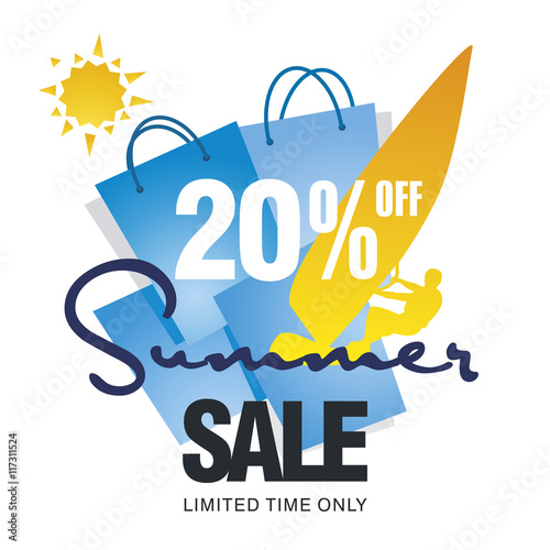 Summer big sale 20 percent off discount offer windsurf board sun card blue background vector