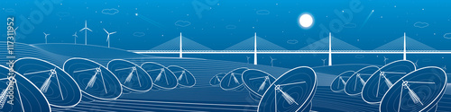 Many radars in mountains landscape. Big bridge on horizon, windmills, wind force, energy and communication technology illustration, vector design art