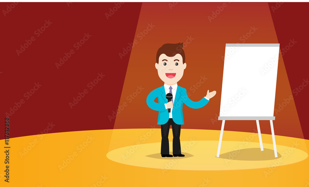 Man in a suit and with microphone standing near flipchart. Business Training vector illustration. Speaking to the audience concept. Man in a suit and with microphone standing near flipchart. Business Training vector illustration. Speaking to the audience concept.