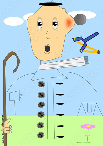 Anciano en el parque recibe pedrada lanzada por un tirachinas.