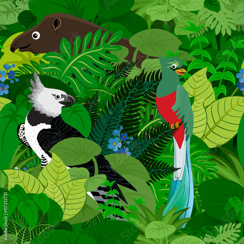 Seamless vector tropical rainforest Jungle background with kids animals