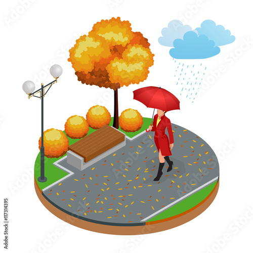 Beautiful girl with umbrella at autumn park. Isometric vector illustration concept.
