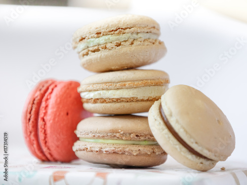Macaron Sweet or colorful french macaroons closeup, Dessert, 