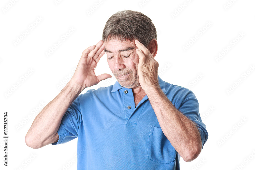Elderly man suffering from a headache isolated on white backgrou Elderly man suffering from a headache isolated on white backgrou