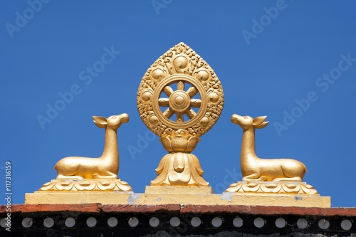 Buddhist symbol on the roof of Jharkot village gompa