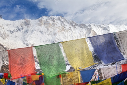 Buddhist prayer flags and Mount Annapurna