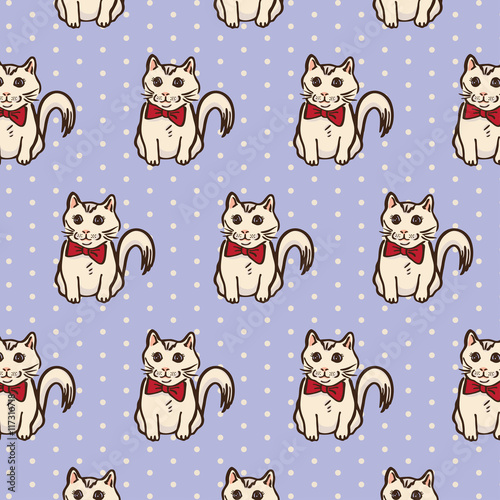 Unique Kitty Cat Surface Pattern Illustration Vector. Isolated on Pokka Dots Background. photo