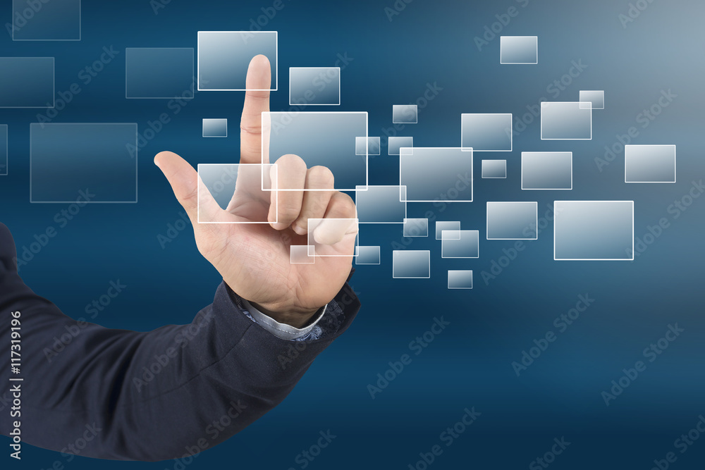 close up business man hand pushing a button on a touch screen in close up business man hand pushing a button on a touch screen in