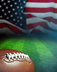 American football on green field and American flag background with sunlight