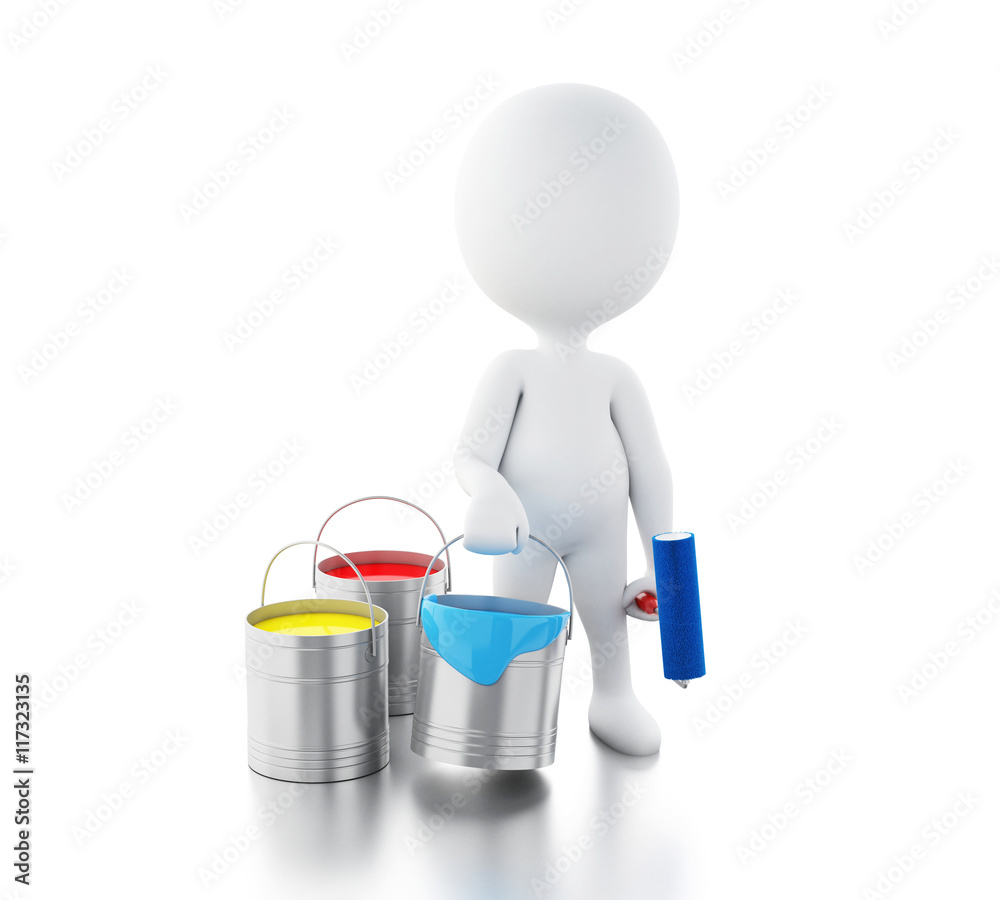 3d White people with paint buckets and paint roller. 3d White people with paint buckets and paint roller.