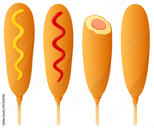 Vector illustration of corn dogs with and without condiments.