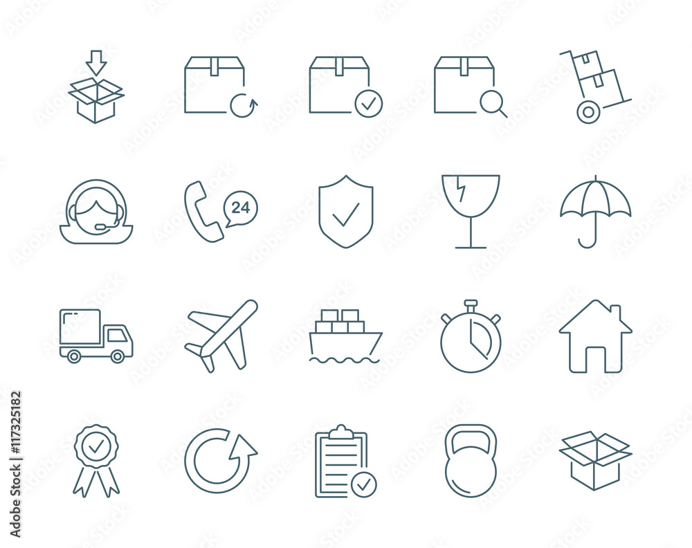Cargo and logistics vector icons set modern line style