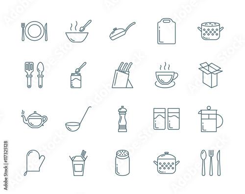 Kitchenware and utensil vector icons set modern line style