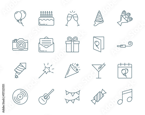 Party and birthday vector icons set modern line style