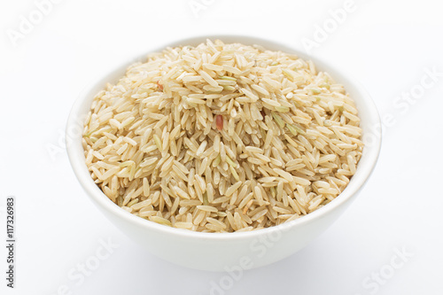 Whole grain organic brown rice in a bowl