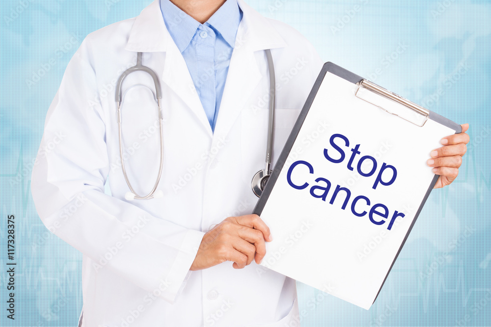 Doctor holding clipboard with stop cancer text on a sheet of paper. on white background Doctor holding clipboard with stop cancer text on a sheet of paper. on white background