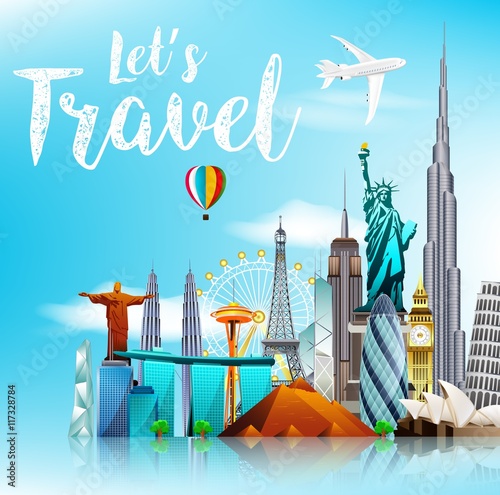 Travel the world monuments concept on blue sky background