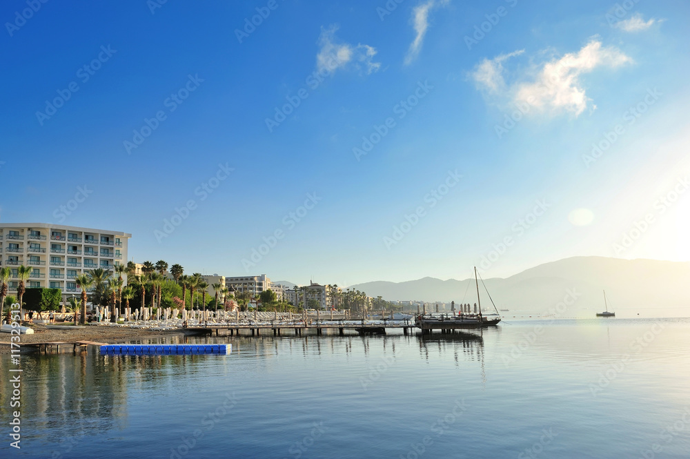 Beautiful morning seascape with boats and mountains in the background. Marmaris. Turkey