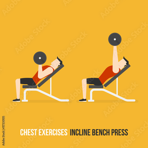 Chest Exercises. Incline Bench Press. Flat Design Bodybuilder Character Lifting Dumbbell.