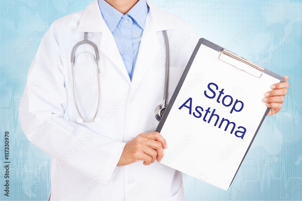 Doctor holding clipboard with stop asthma text on a sheet of paper on white background Doctor holding clipboard with stop asthma text on a sheet of paper on white background