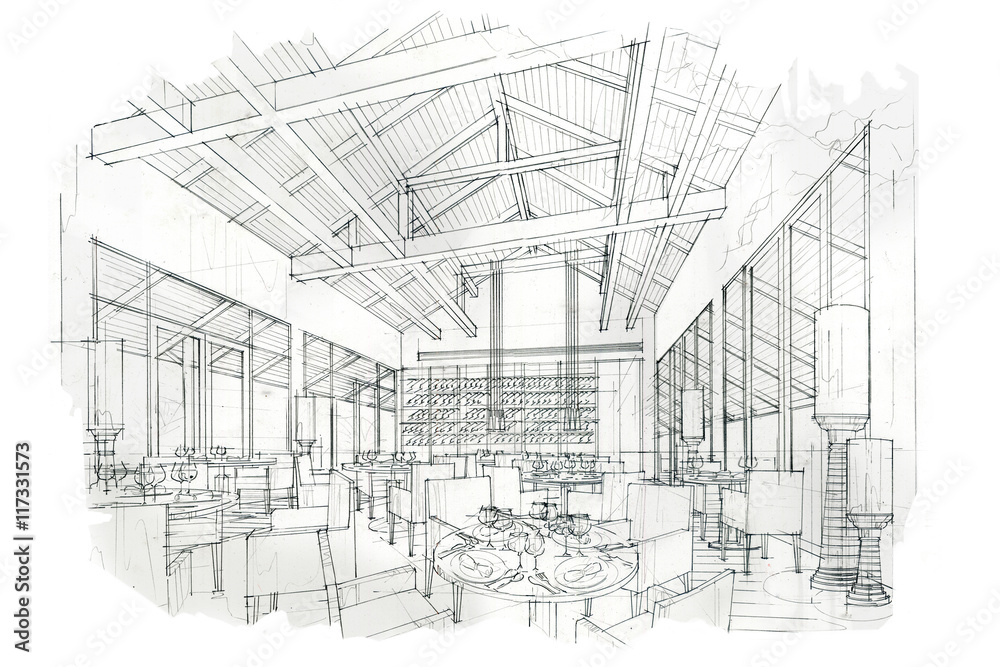 sketch stripes all day & restaurant , black and white interior design.