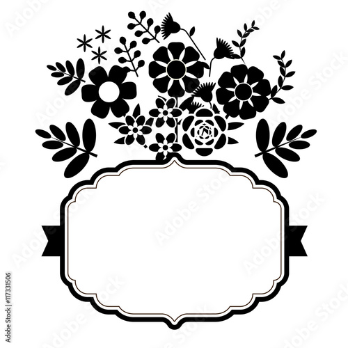Flowers and leaves with ribbon. Floral frame for text. Vector illustration
