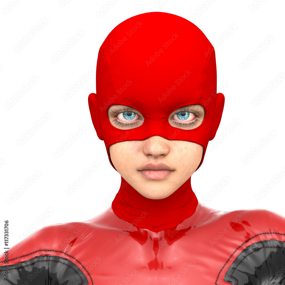 one girl teenager wearing a red super black latex suit. A view of the face. Close to the camera. She looks at the camera one girl teenager wearing a red super black latex suit. A view of the face. Close to the camera. She looks at the camera