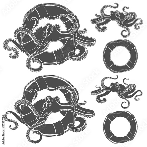Set of illustrations with octopus in a life buoy. Vector isolated objects on a white background. 