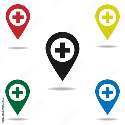 Map pointer with hospital sign