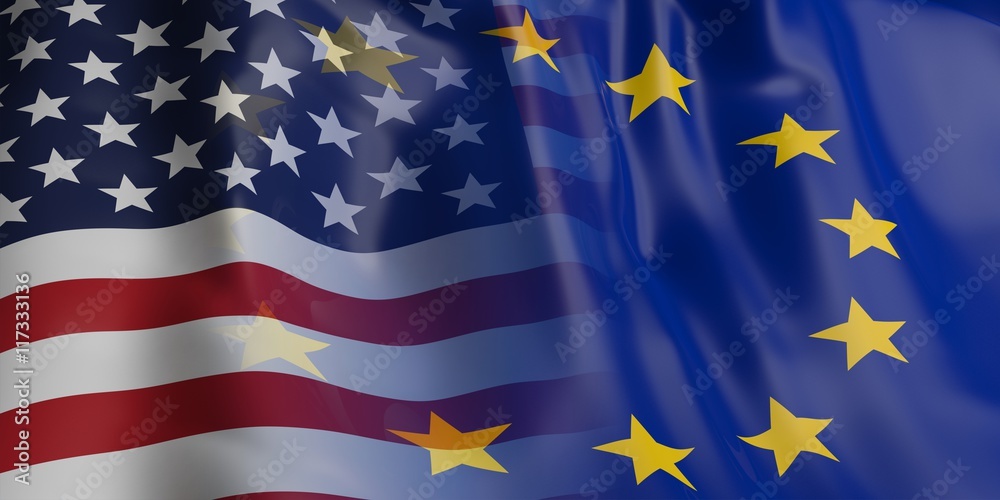 EU and USA flag. 3d illustration - obrazy, fototapety, plakaty 