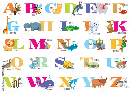 English alphabet for children with cute animals