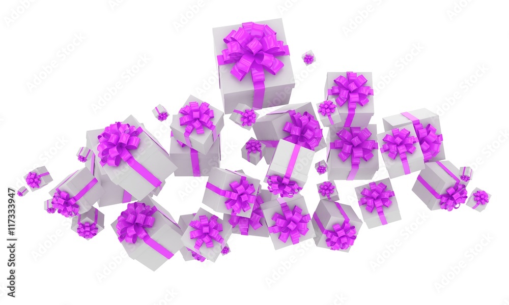 flying gift boxes on white. 3d rendering.