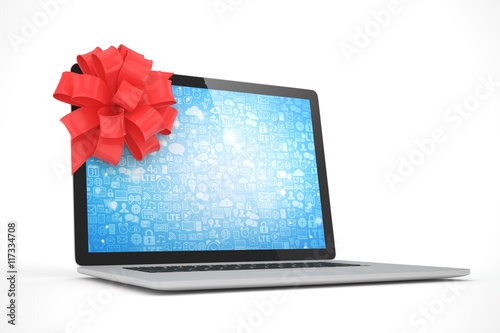 Laptop with red bow and blue screen. 3D rendering.