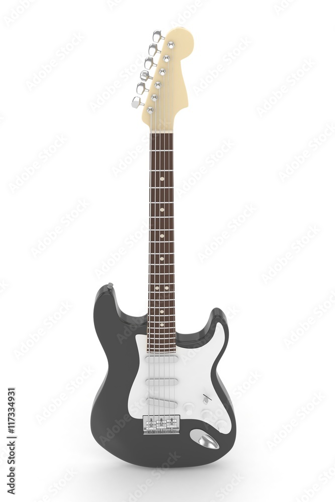 Isolated black electric guitar on white background.  Musical instrument for rock, blues, metal songs. 3D rendering.