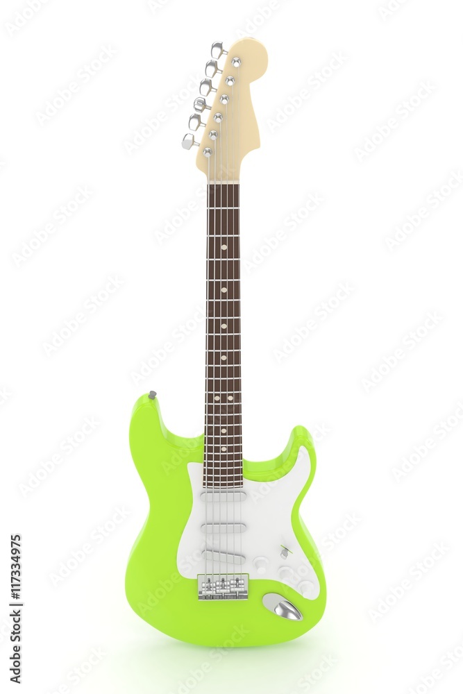 Naklejka premium Isolated green electric guitar on white background. Musical instrument for rock, blues, metal songs. 3D rendering.