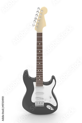 Isolated black electric guitar on white background. Musical instrument for rock, blues, metal songs. 3D rendering.